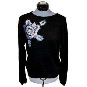 Work In Progress VNTG Women's Small Black Sweater Sequin Flower Angora Wool Silk